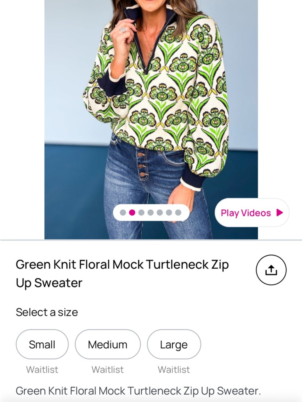 THML Green Floral Mock Turtleneck Zip Sweater